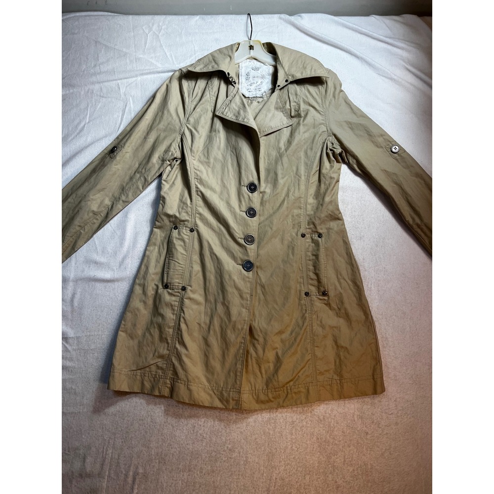 Cino Women Tan Khaki Lightweight Trench Coat Button Jacket Small Lion Studs